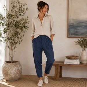 Gentle Herd Womens Utility Cargo Pants Sz M Navy Blue Tapered Pockets Minimalist